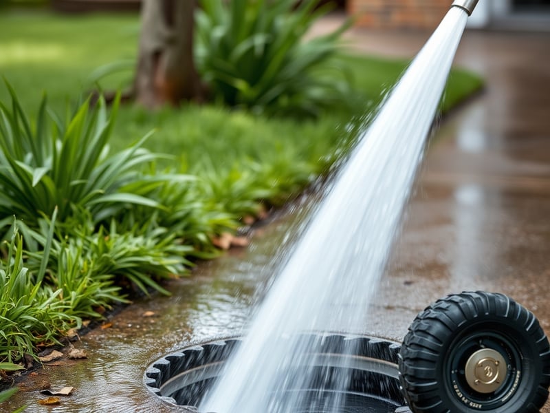 A high-pressure water jetter hose clearing a blocked outdoor drain on an Australian residential driveway, water spraying, close-up action shot