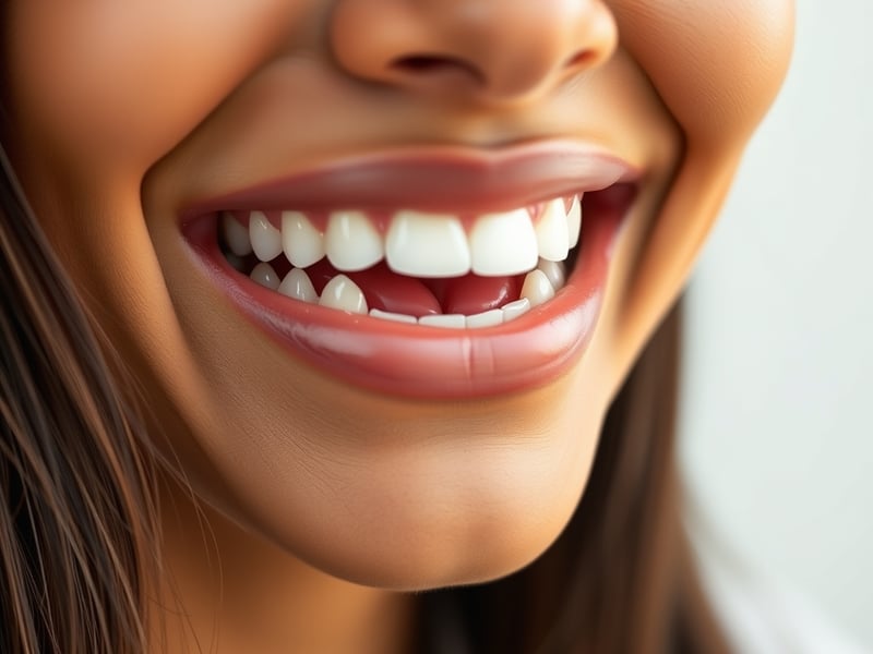 a close-up of a bright confident smile showing perfectly aligned white teeth, soft natural lighting, clean neutral background, professional dental photography with warm skin tones