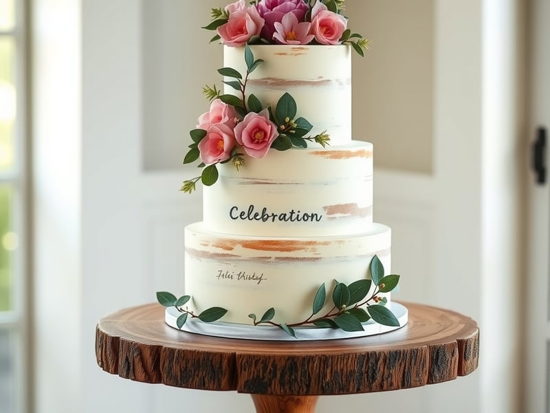 elegant three-tier celebration cake decorated with native Australian flowers and eucalyptus leaves on a vintage wooden cake stand, soft natural light