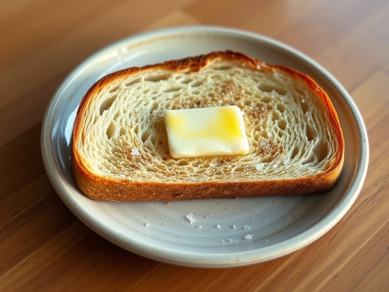 thick cut sourdough toast with melted butter on a handmade ceramic plate, sea salt flakes, warm cafe lighting, timber table surface, minimal food styling