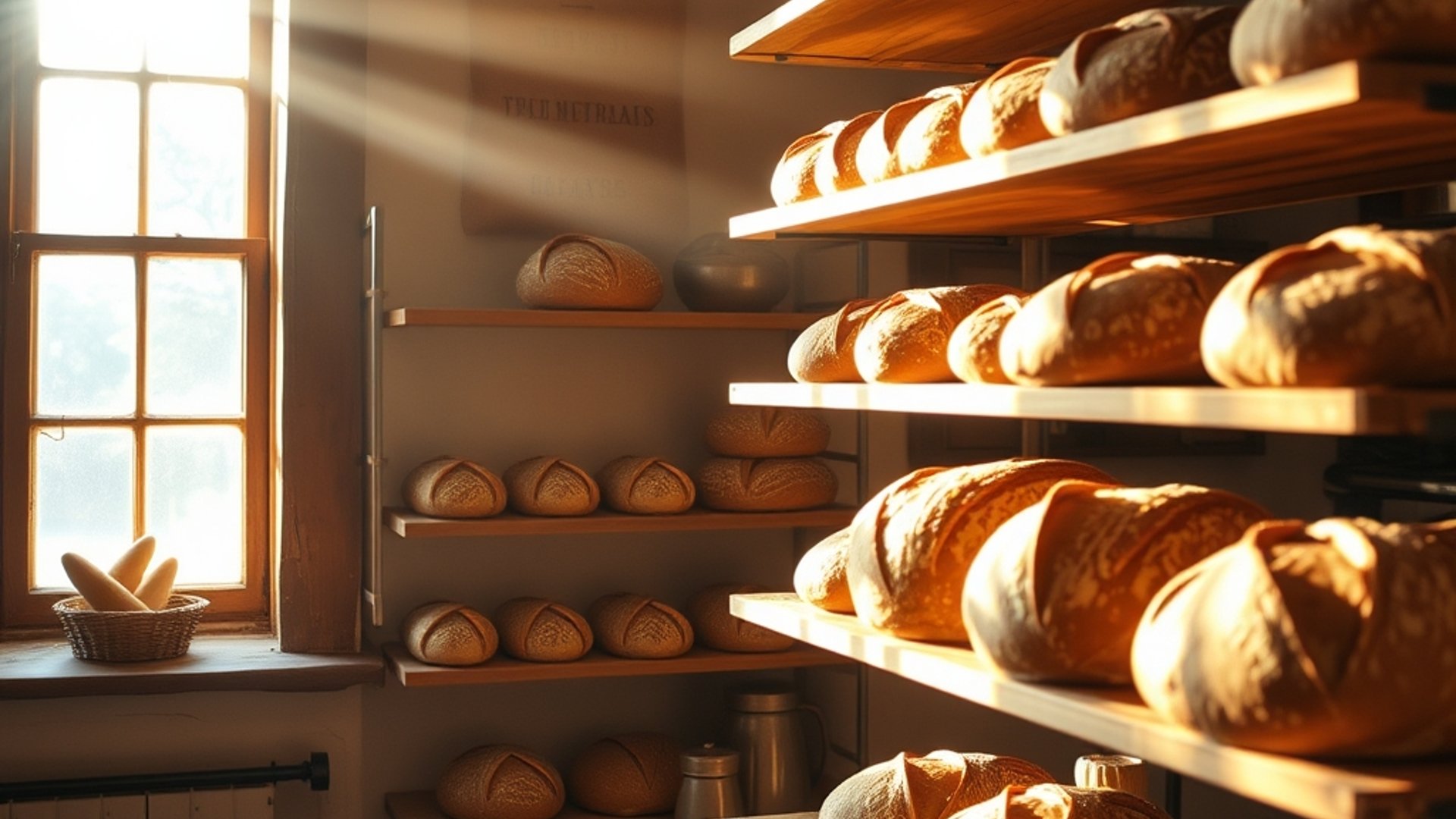 warm country bakery interior with rustic wooden shelves displaying crusty sourdough loaves, golden morning light streaming through a window, flour-dusted counters, cosy atmosphere