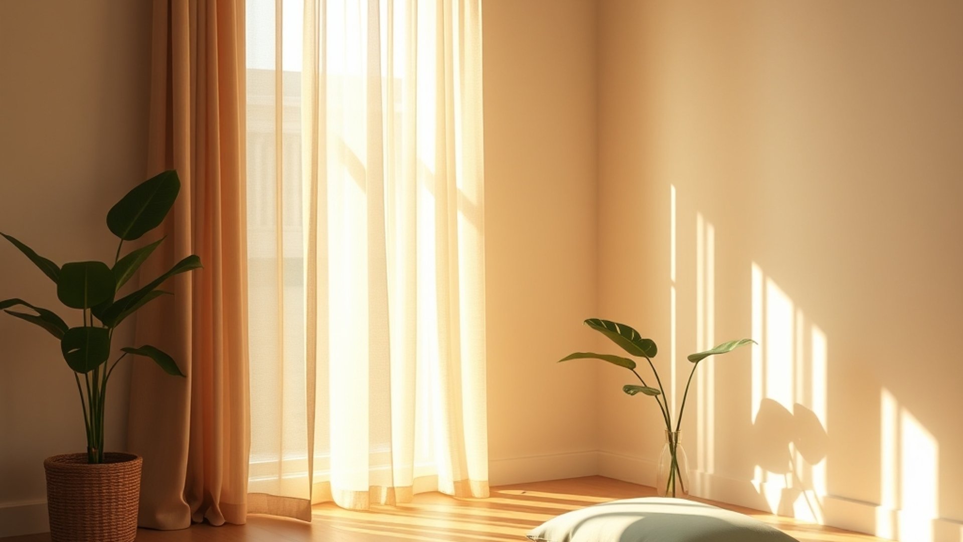 A serene yoga studio interior with warm natural morning light filtering through sheer curtains, wooden floors, a single meditation cushion in soft sage green, and a potted monstera plant, minimal and 