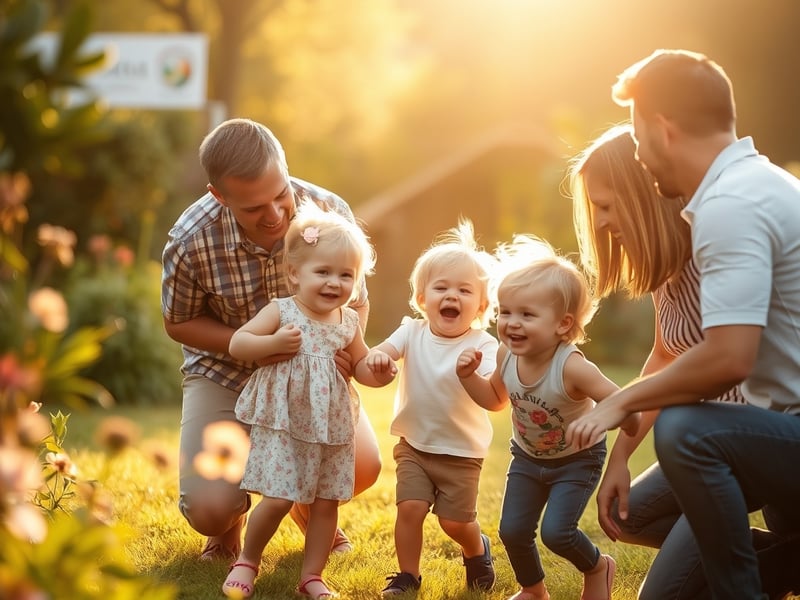 Documentary family photography of parents and young children playing together in a sunlit Hunter Valley garden, soft golden afternoon light, candid laughter, natural unposed interaction