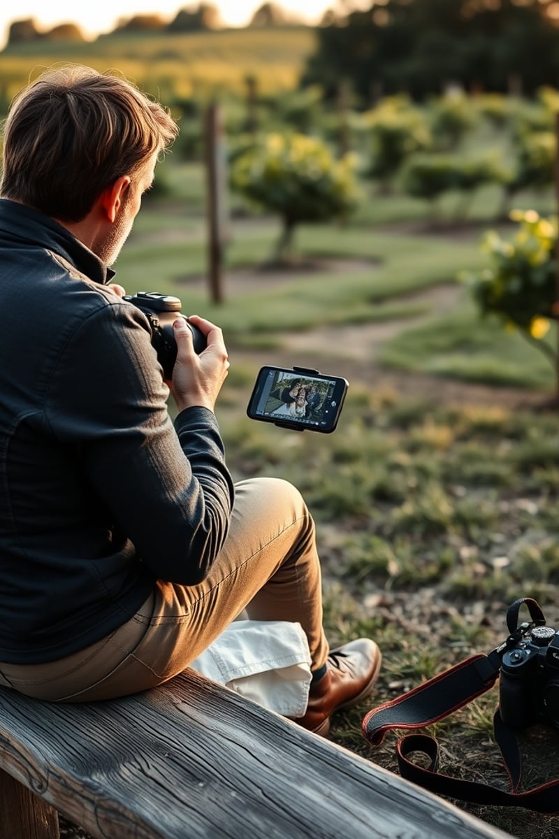A documentary photograph of a photographer reviewing candid wedding photos on a camera screen while sitting on a rustic wooden bench in a Hunter Valley vineyard, soft afternoon light, camera gear near