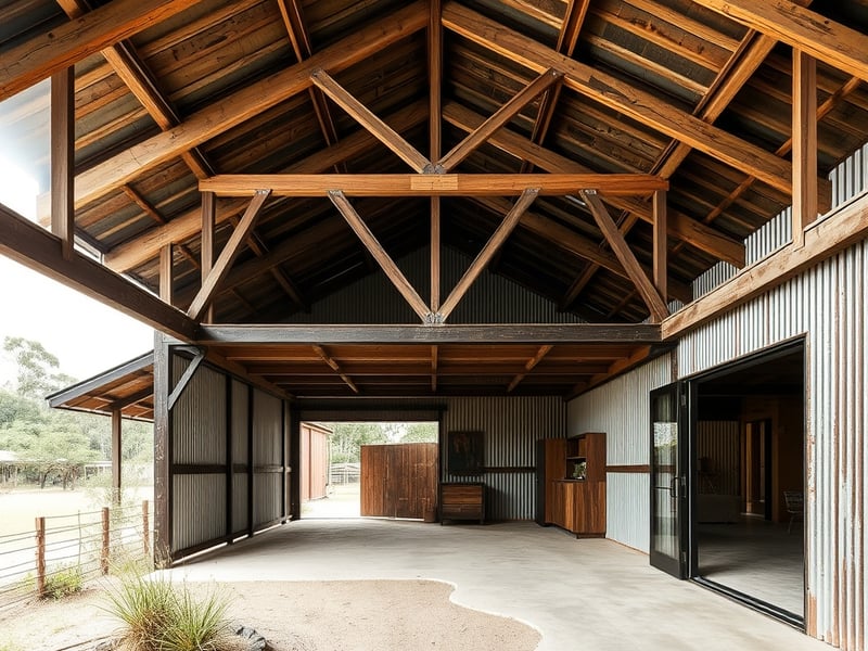 A derelict Australian rural shearing shed being converted into a contemporary residence, exposed timber trusses, corrugated iron walls, large glass doors opening to a courtyard, architectural photogra
