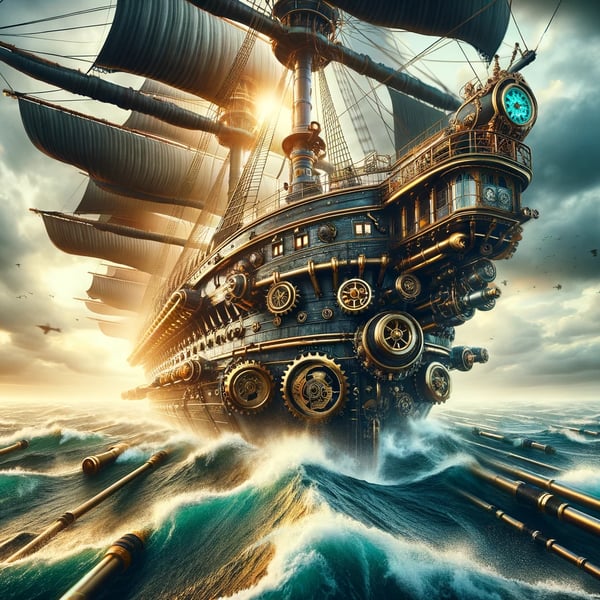 DALL·E 2024-02-28 15.02.52 - A wide-angle view of a steampunk-inspired ship from the flank, making the ship appear larger and more imposing as it sails through tumultuous sea wate