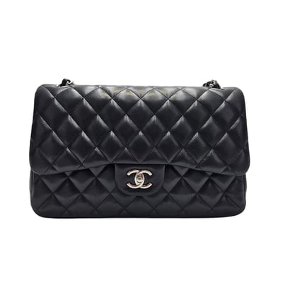 Siin - سين Chanel Black Double Flap Classic Jumbo Caviar Leather Handbag with Silver Hardware