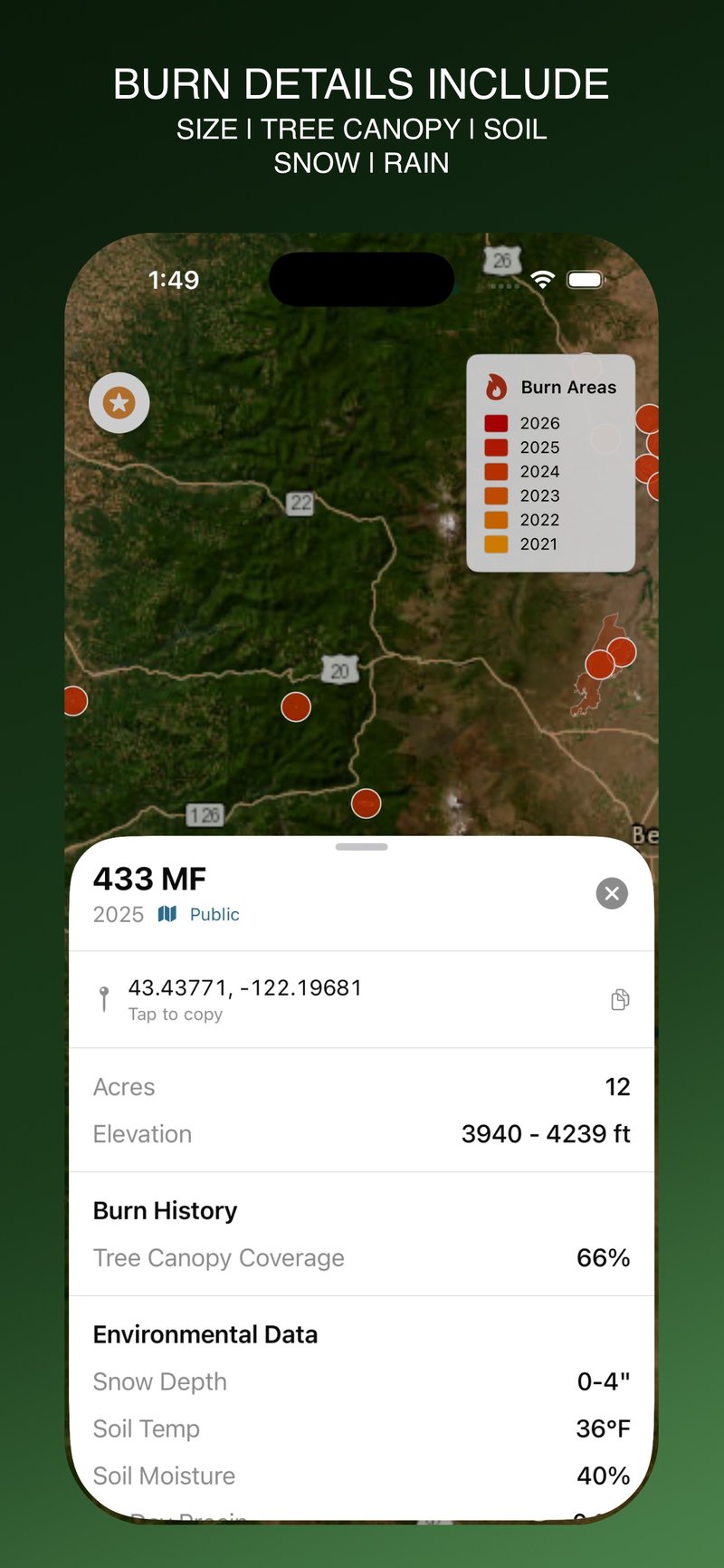 Forayz burn condition detail panel showing fire information and current field conditions