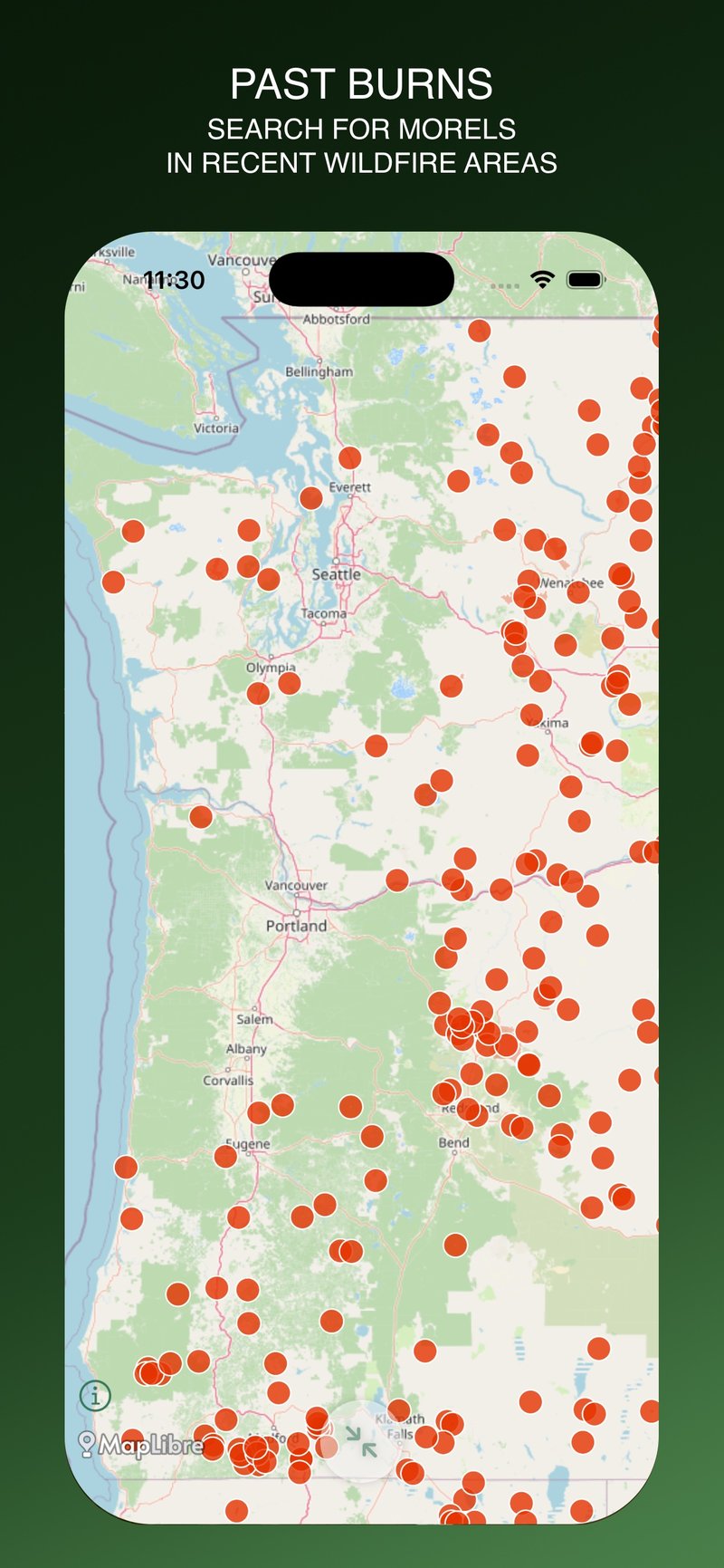 Forayz map showing past wildfire burn perimeters overlaid on satellite view for morel scouting