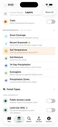Forayz app layer menu with environmental data options