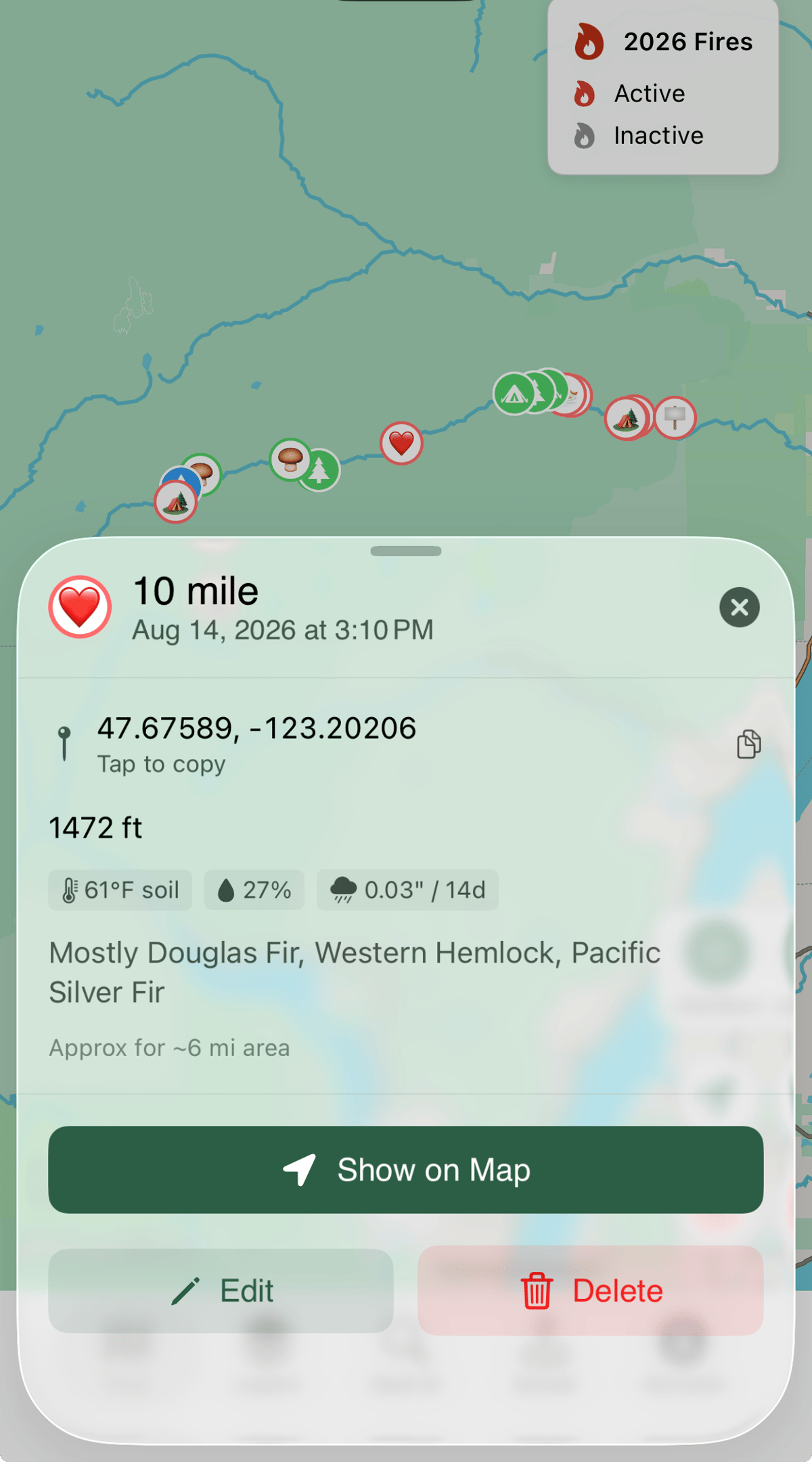 Forayz waypoint on the Duckabush — soil temp, moisture, 14-day precip, and dominant tree species for the spot