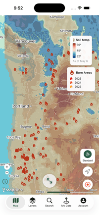 Forayz app showing real-time soil temperature data for morel hunting