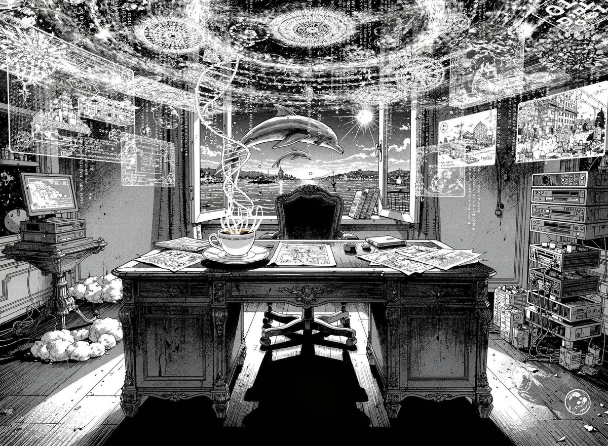 Black-and-white generated image of a desk overlooking the Bosphorus, with a dolphin, coffee, and layered interface panels