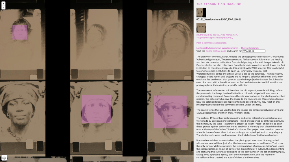 Image for Antje Van Wichelen and SICV, The Recognition Machine, 2018, website, https://recognitionmachine.vandal.ist.