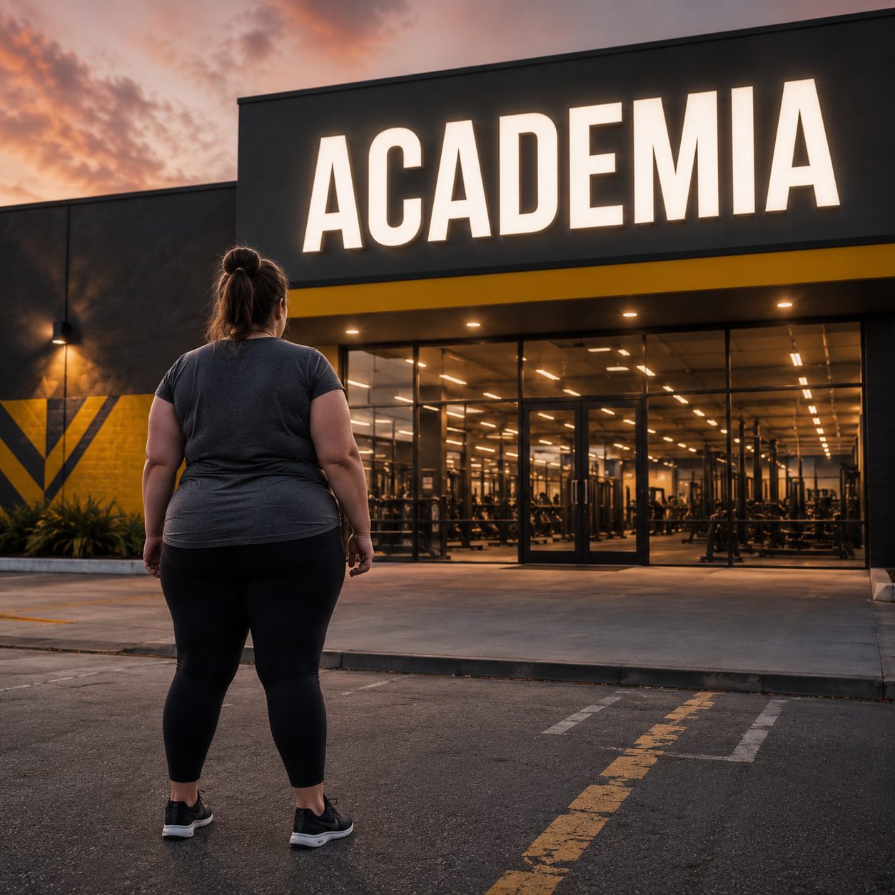 Gordinha parada em frente a academia
