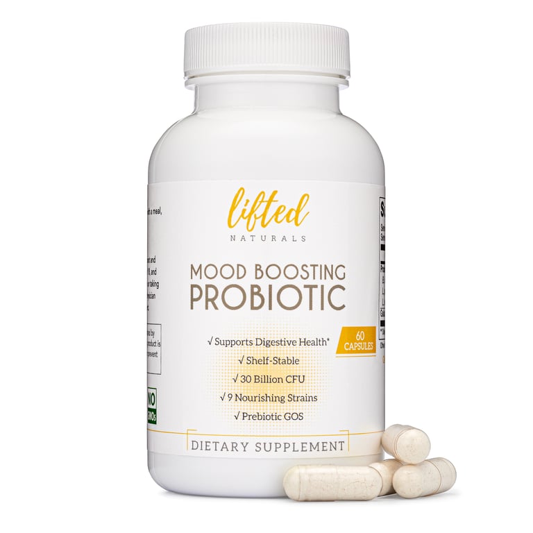 Lifted Naturals Mood Boosting Probiotic front of bottle.