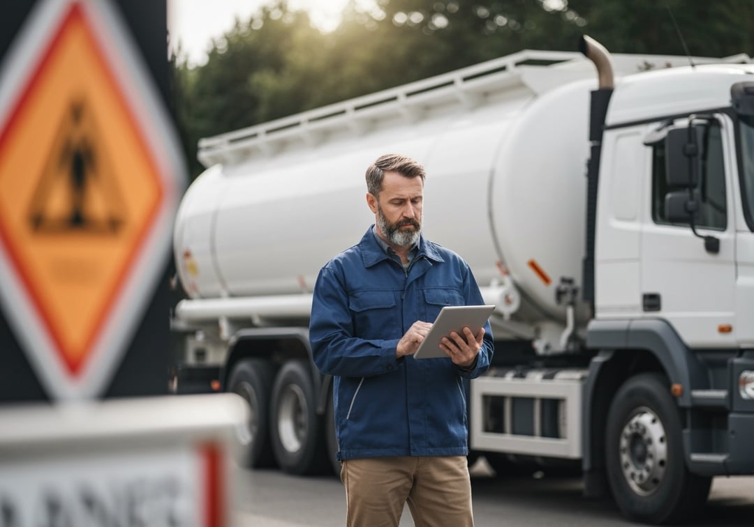 Middle-aged logistics worker using tablet near white tanker truck for digital inspections