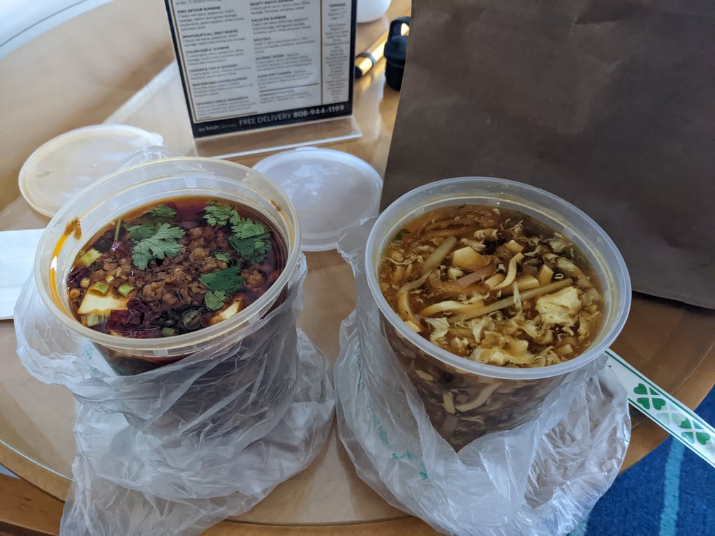 Image with caption 'The 2 dishes I ordered from SXY Szechuan: the 麻婆豆腐 is on the left and the 酸辣湯 is on the right. I forgot to ask them not to put scallions/onions/香菜.'