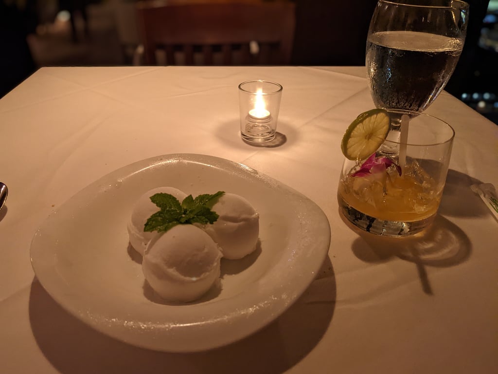 Image with caption 'Yuzu-flavored sorbet, special for the night. I wasn't expecting that much, so I started swallowing the sorbet towards the end, again to make sure I finished.'