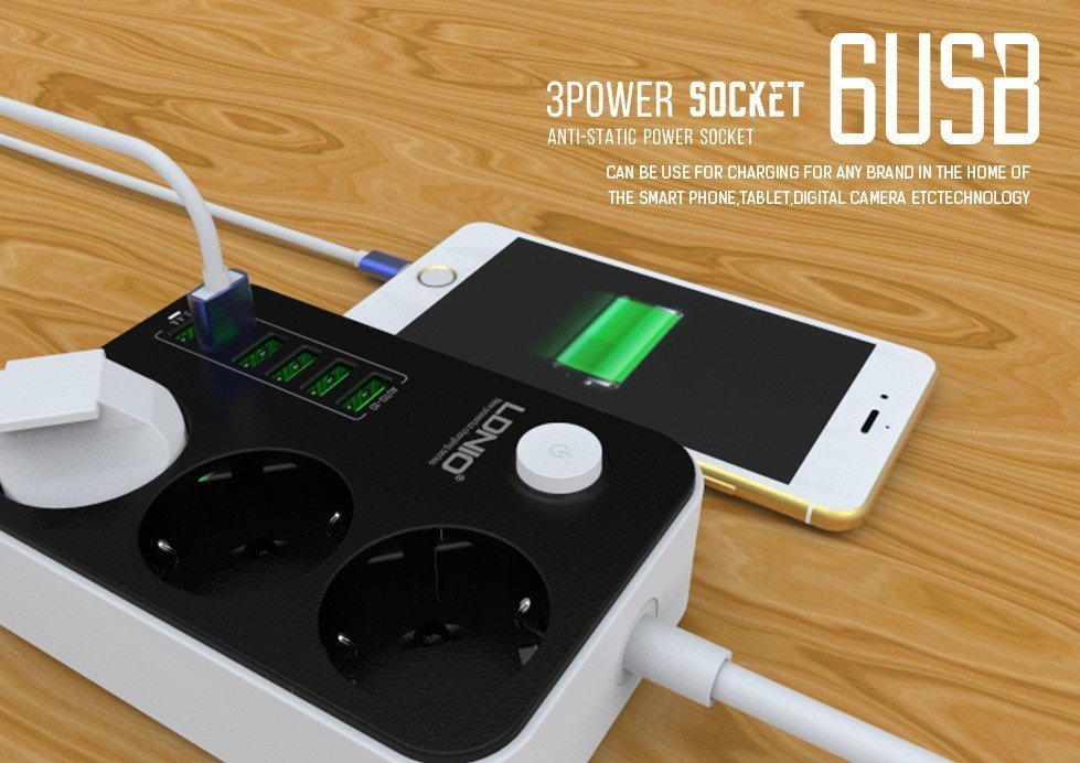 LDNIO 6 USB Ports and 3 Power Socket Extension 9