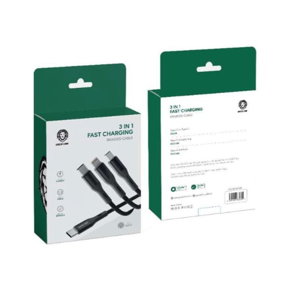 Green Lion 3 in 1 Fast Charging Braided Cable (1.2m) - Black