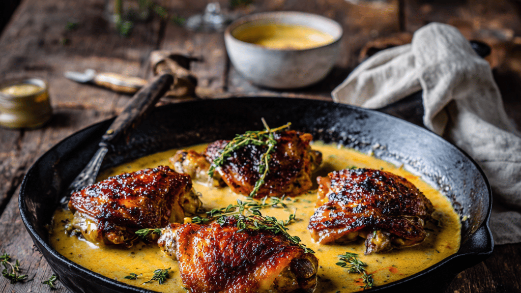 Recipe image: Pollo a la mostaza francés cremoso (Poulet à la Moutarde)