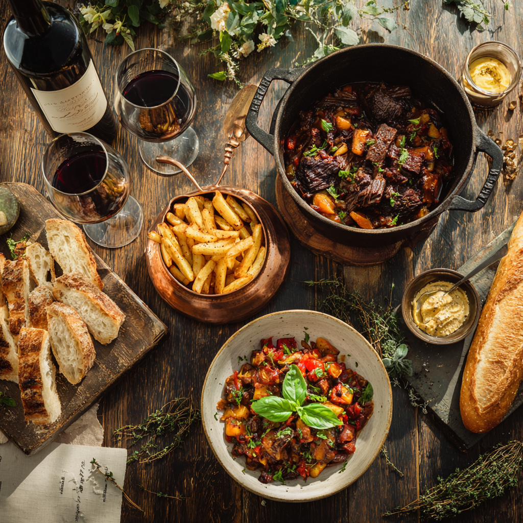 Mesa de cena francesa rústica con Boeuf Bourguignon, Steak Frites crujientes y una botella de vino tinto.
