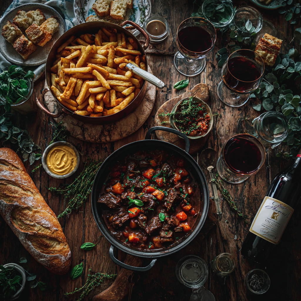 A rustic French dinner table featuring Boeuf Bourguignon in a Dutch oven, crispy Steak Frites, and a bottle of red wine.