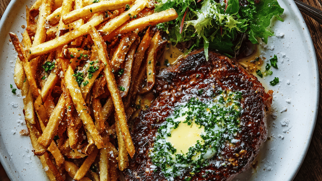 Recipe image: Filete con Papas Fritas Clásico con Mantequilla de Ajo y Hierbas