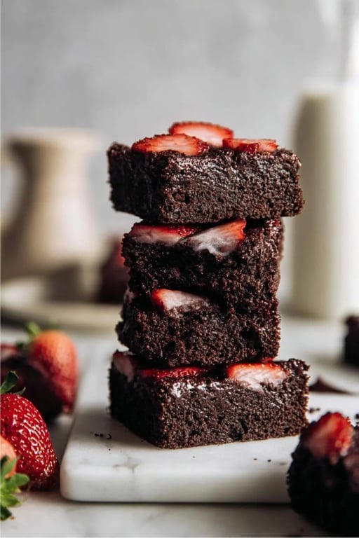 Vegan Protein Brownies – A Rich, Guilt-Free Treat You’ll Crave 1 Stack of vegan protein brownies with sliced strawberries on top.