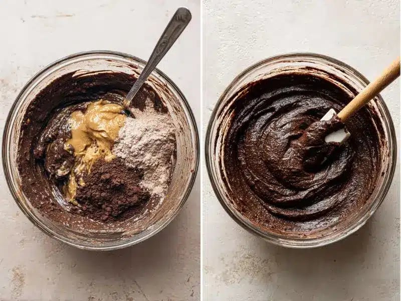 Vegan Protein Brownies – A Rich, Guilt-Free Treat You’ll Crave 8 Side-by-side mixing process of vegan protein brownie batter in a glass bowl.