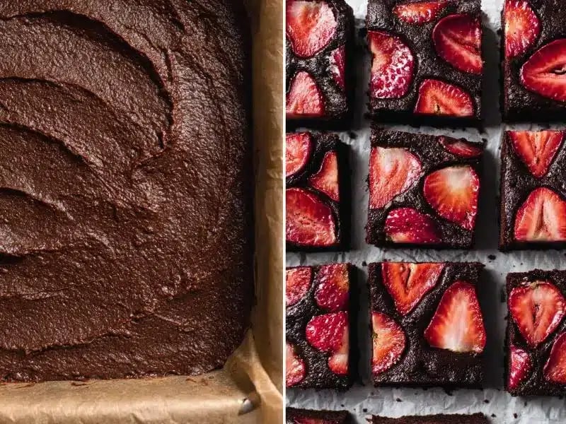 Vegan Protein Brownies – A Rich, Guilt-Free Treat You’ll Crave 9 Side-by-side of brownie batter before baking and finished strawberry-topped brownies.