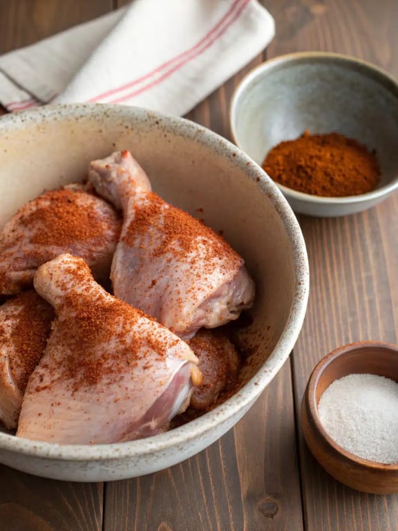Arranging seasoned chicken thighs in a single layer in the air fryer basket