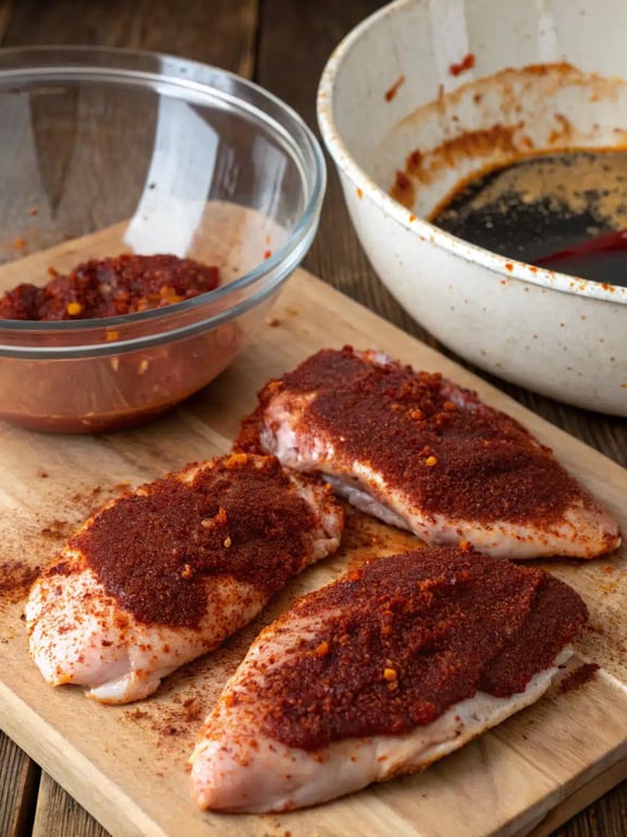Arranging seasoned chicken breasts in a single layer in the air fryer basket.