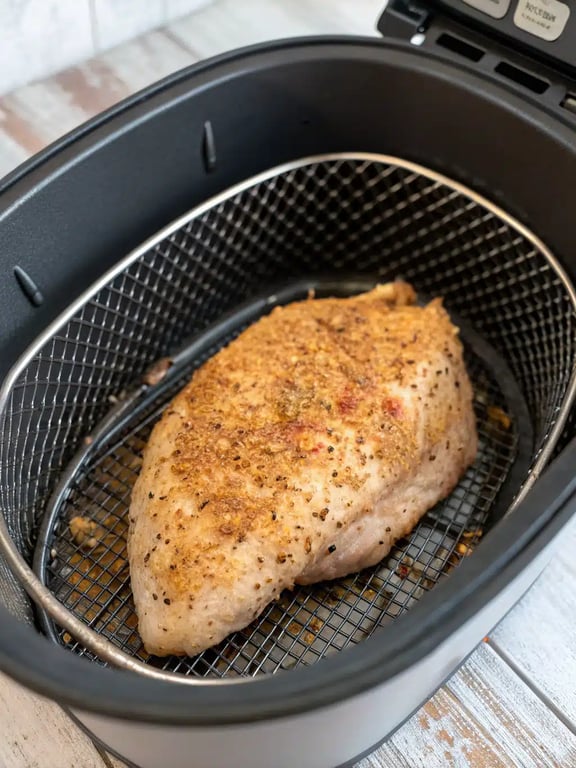 Sliced, juicy air fryer chicken breast showing a perfectly cooked interior
