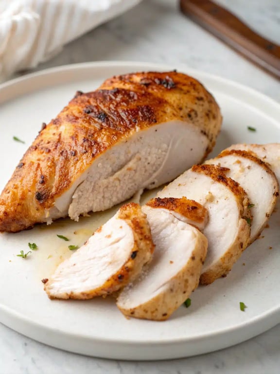 A beautifully plated air fryer chicken breast with roasted vegetables and quinoa