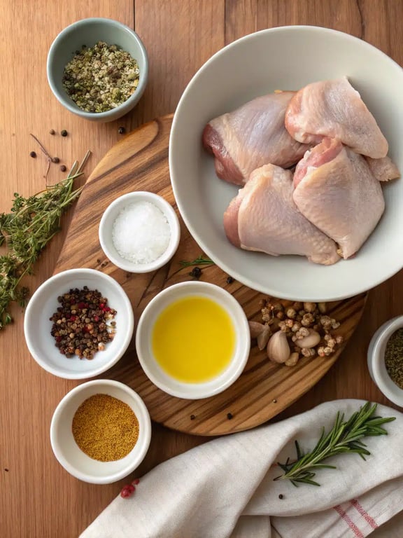 Ingredients for crispy chicken thighs Ingredients for air fryer chicken thighs including chicken, olive oil, and spices.