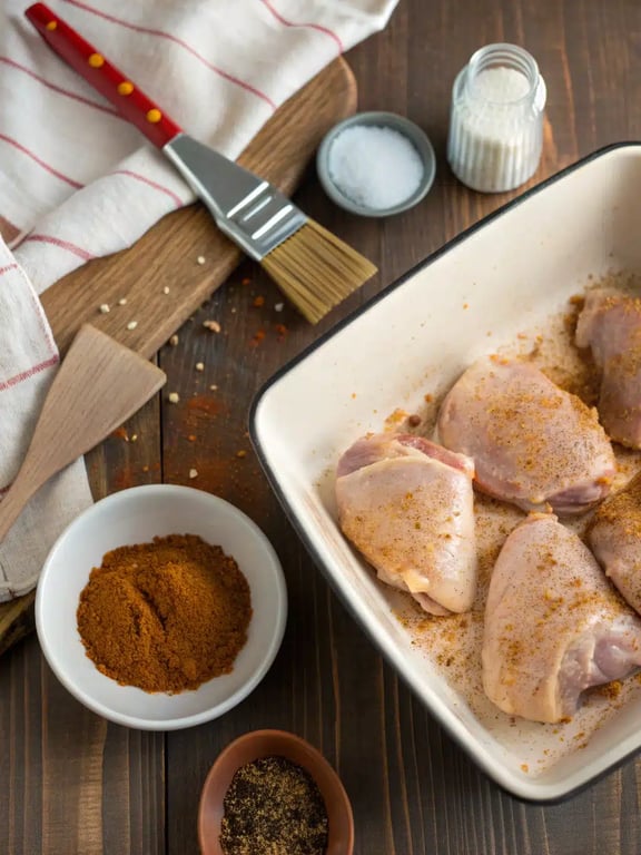 Chicken thighs in air fryer basket Chicken thighs arranged in a single layer in the air fryer basket, skin side up.