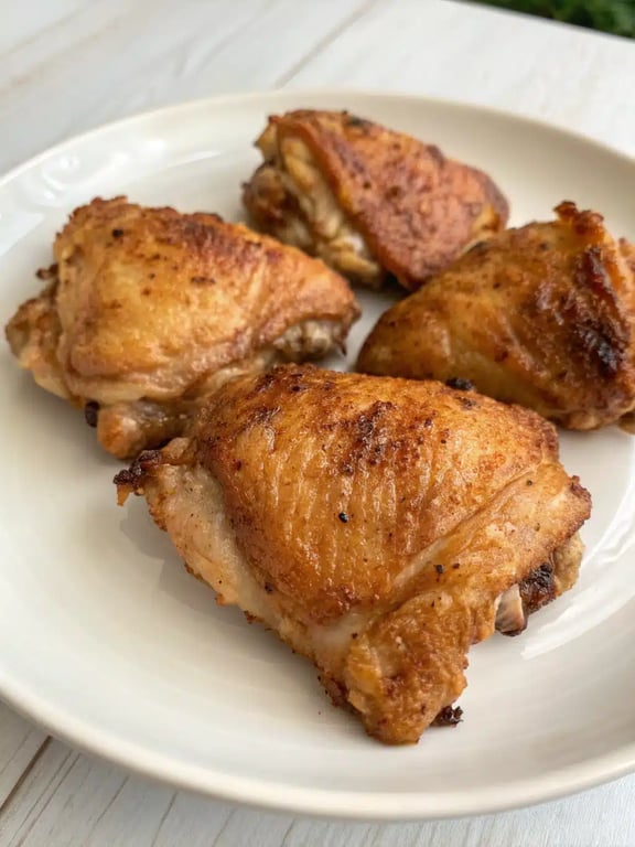 Serving suggestions for chicken thighs Beautifully plated air fryer chicken thighs with roasted vegetables and fresh herbs as garnish.