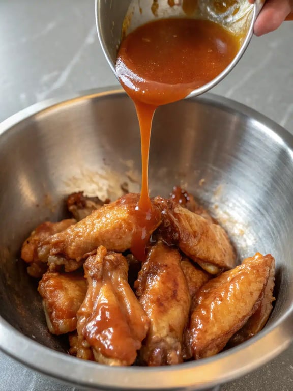 Whisking together the buffalo sauce for air fryer chicken wings in a bowl.