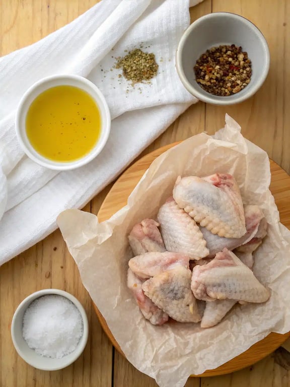 Seasoning Air Fryer Wings Chicken wings being tossed with oil and spices in a large mixing bowl for air fryer chicken wings.
