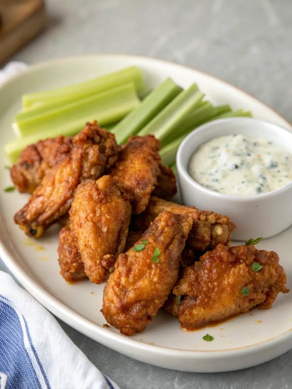 Serving Air Fryer Chicken Wings A beautiful platter of air fryer chicken wings arranged with celery sticks and dipping sauces for serving.