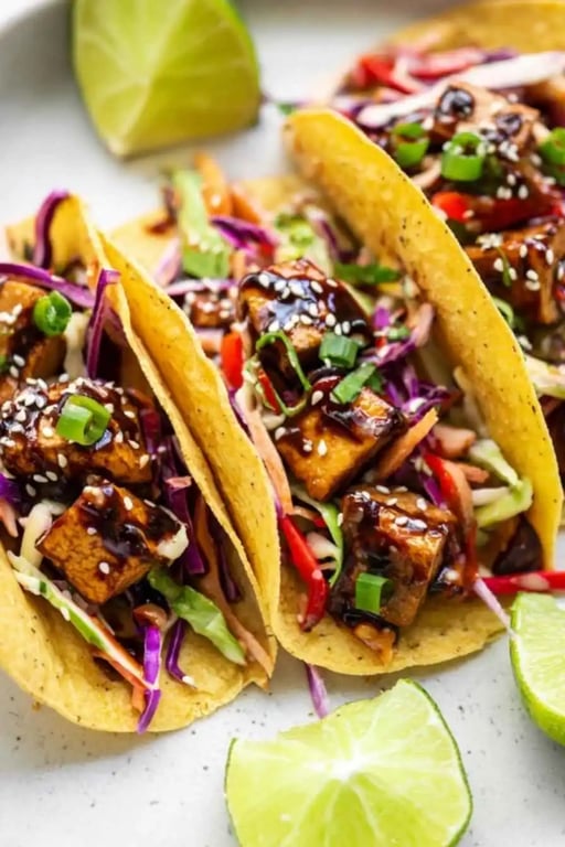 Asian Tofu Tacos – A Protein-Packed Twist on Taco Night 1 Crispy Asian tofu tacos served in corn tortillas with sesame slaw and lime wedges.