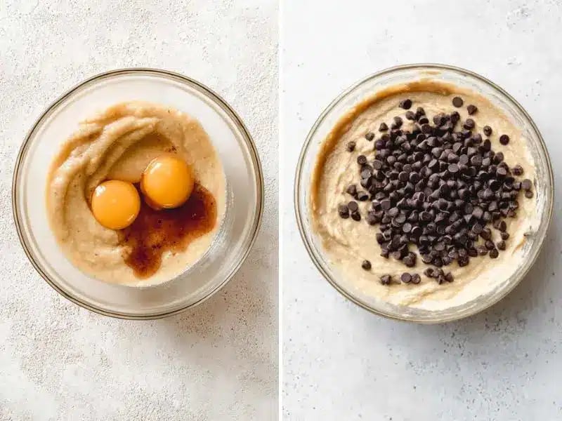 Side-by-side view of wet ingredients and chocolate chip banana muffin batter in glass bowls.