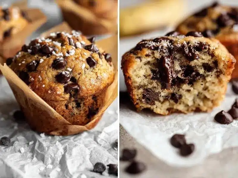 Whole and halved banana protein muffins with chocolate chips on parchment paper.