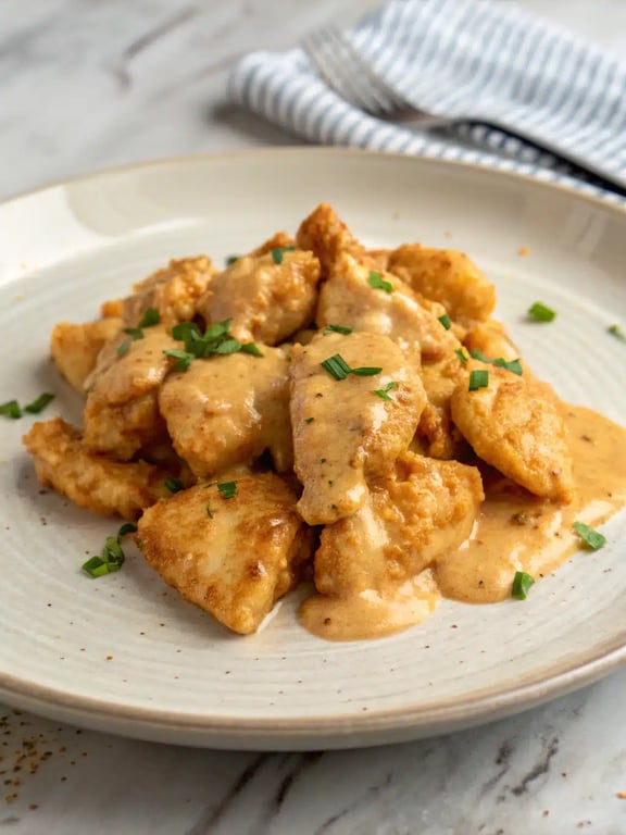 Beautifully plated bang bang chicken recipe with rice and vegetables