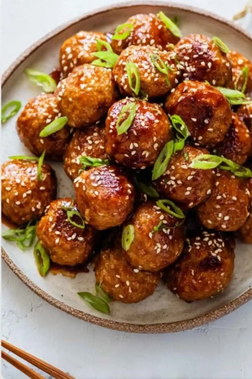 BBQ Chicken Meatballs – Juicy High Protein Dinner Idea 1 Juicy BBQ chicken meatballs topped with sesame seeds and green onions on a serving plate