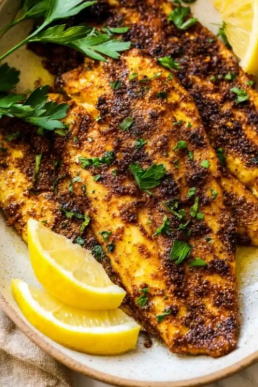 Quick and Easy Blackened Tilapia Recipe for High-Protein Meals 1 Blackened tilapia fillets with charred crust, garnished with parsley and lemon slices