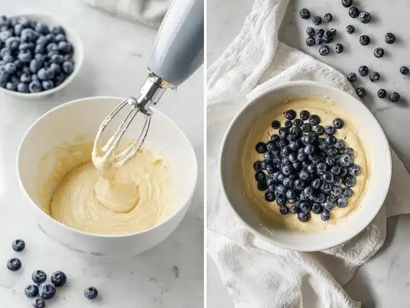 Batter being mixed and blueberries added to muffin batter in two-step collage