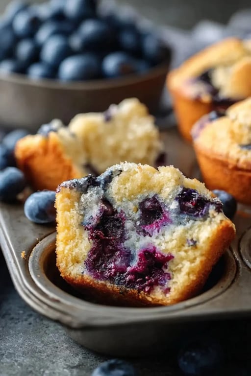 Close-up of a moist blueberry protein muffins slice in a muffin tray